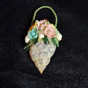 Vintage Hand Crafted Seashell Bouquet Basket Mid Century pin Brooch
